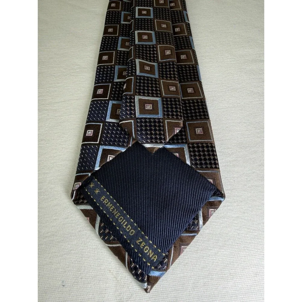 ERMENEGILDO ZEGNA Silk Necktie ITALY Luxury XXX Geometric Squares Textured Motif